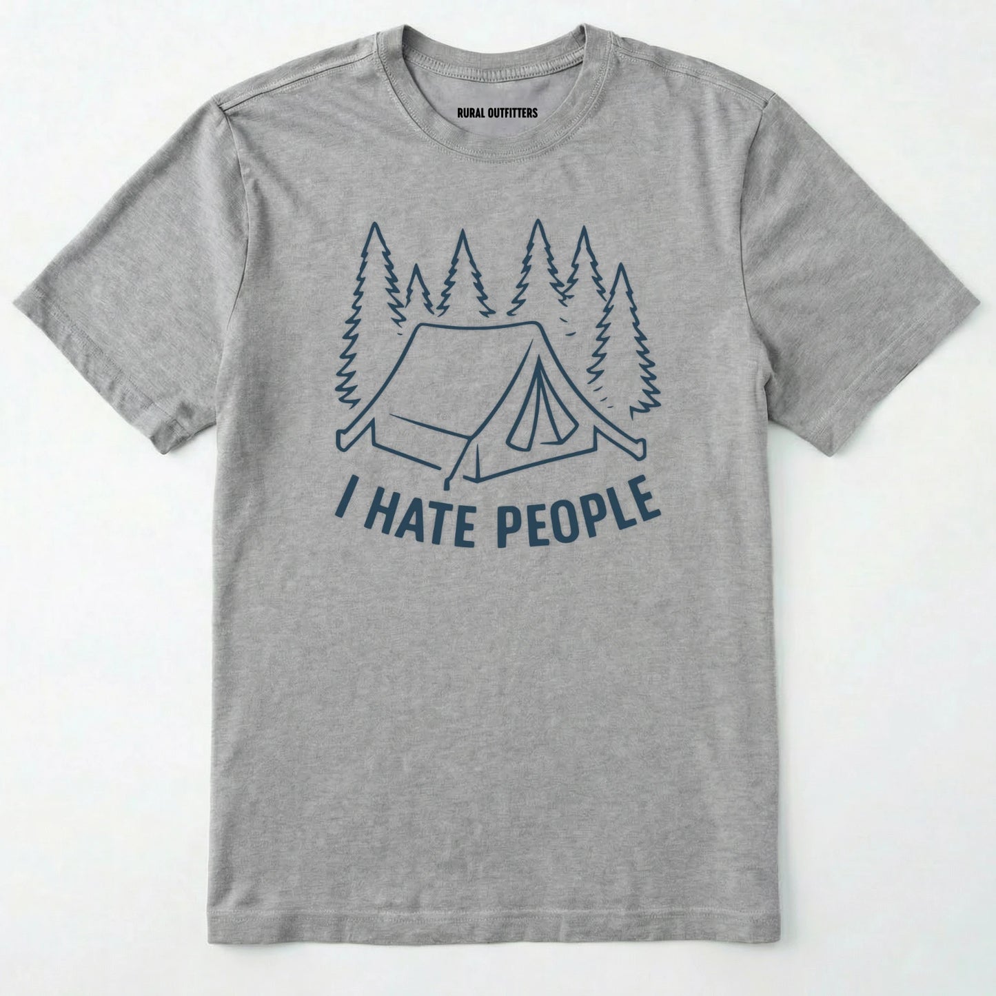 Sport Grey i hate everybody t-shirt with tent and pine tree graphic on a white background.