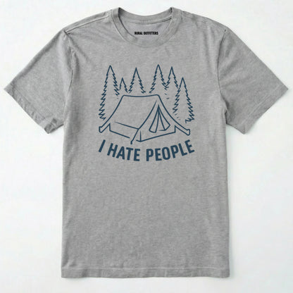 Sport Grey i hate everybody t-shirt with tent and pine tree graphic on a white background.