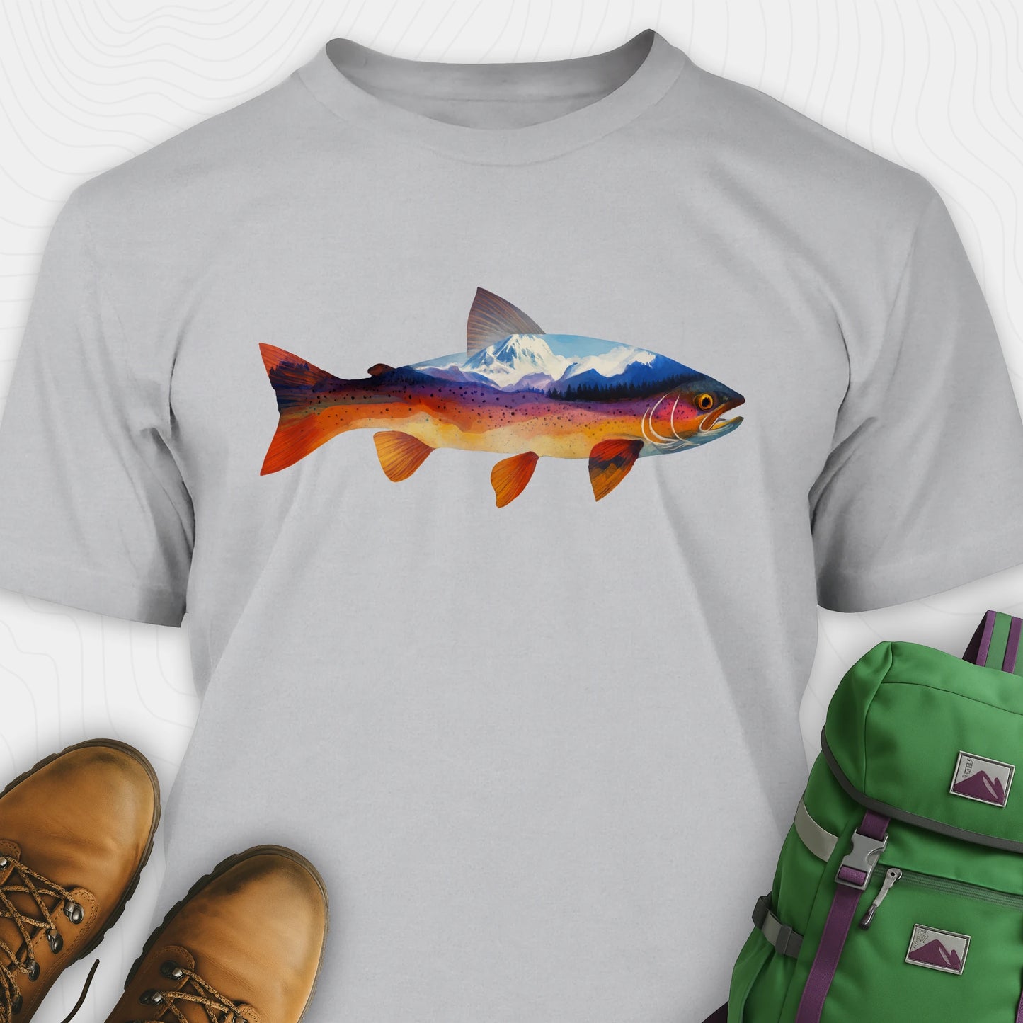 Grey fish shirt with a colorful trout and mountain landscape graphic