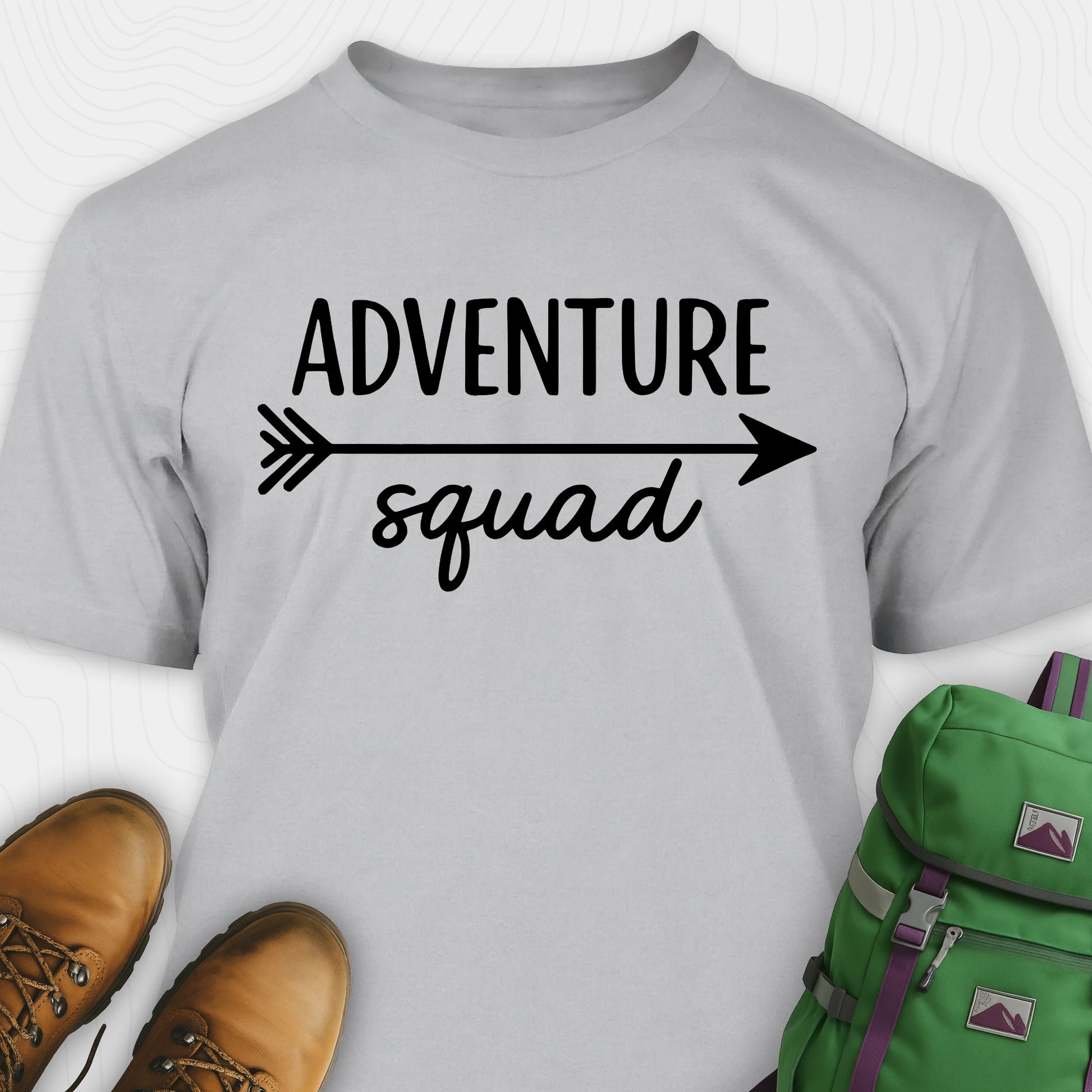 Gray adventure squad t-shirt with black arrow design