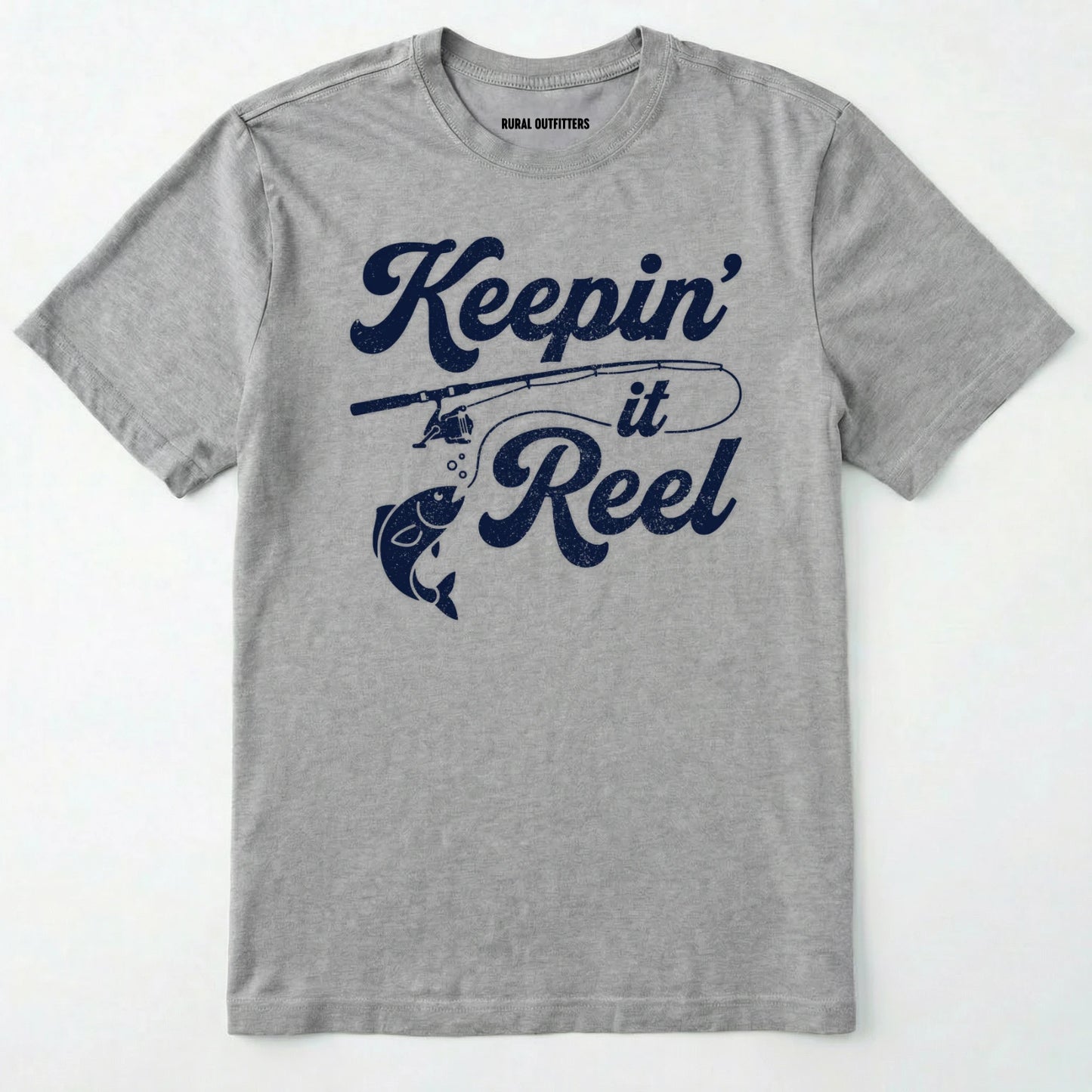 Sport Grey t-shirt with 'keepin' it reel' graphic design on a white background