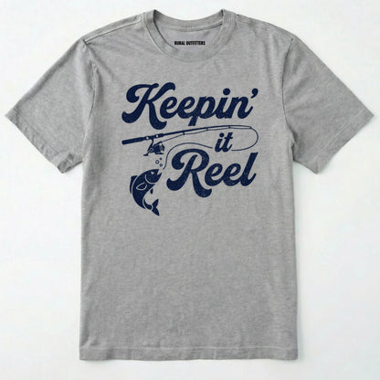 Sport Grey t-shirt with 'keepin' it reel' graphic design on a white background