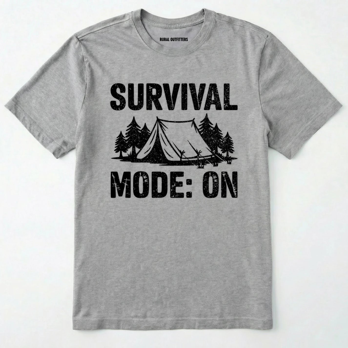 Sport Grey bushcraft shirt with survival mode on text, featuring a tent and a pine tree design on a white background.