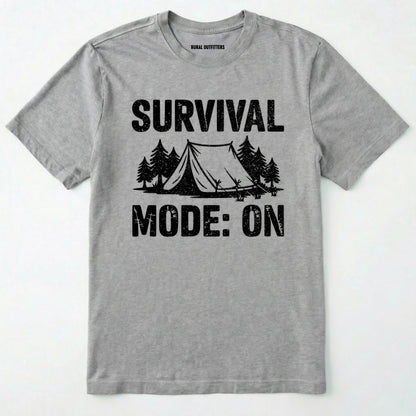 Sport Grey bushcraft shirt with survival mode on text, featuring a tent and a pine tree design on a white background.