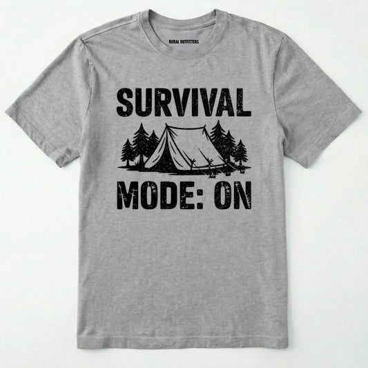Sport Grey bushcraft shirt with survival mode on text, featuring a tent and a pine tree design on a white background.