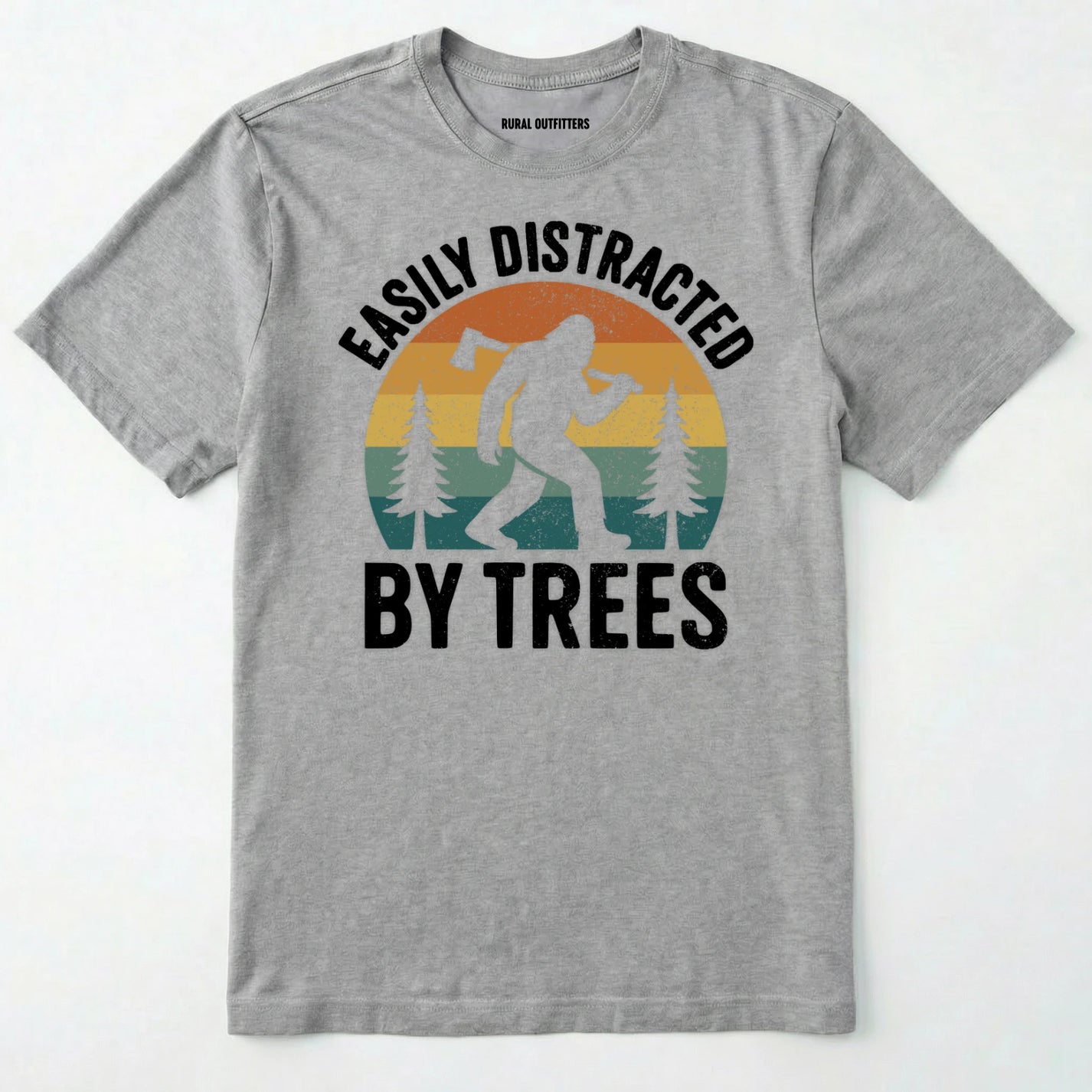 Sport Grey funny sasquatch shirt featuring bigfoot silhouette and trees on a white background.