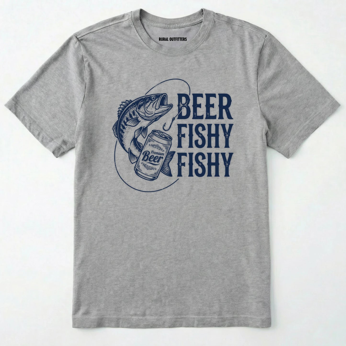 Sport Grey t-shirt with royal graphic and text 'beer fishy fishy' on a white background
