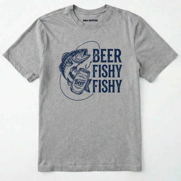 Sport Grey t-shirt with royal graphic and text 'beer fishy fishy' on a white background
