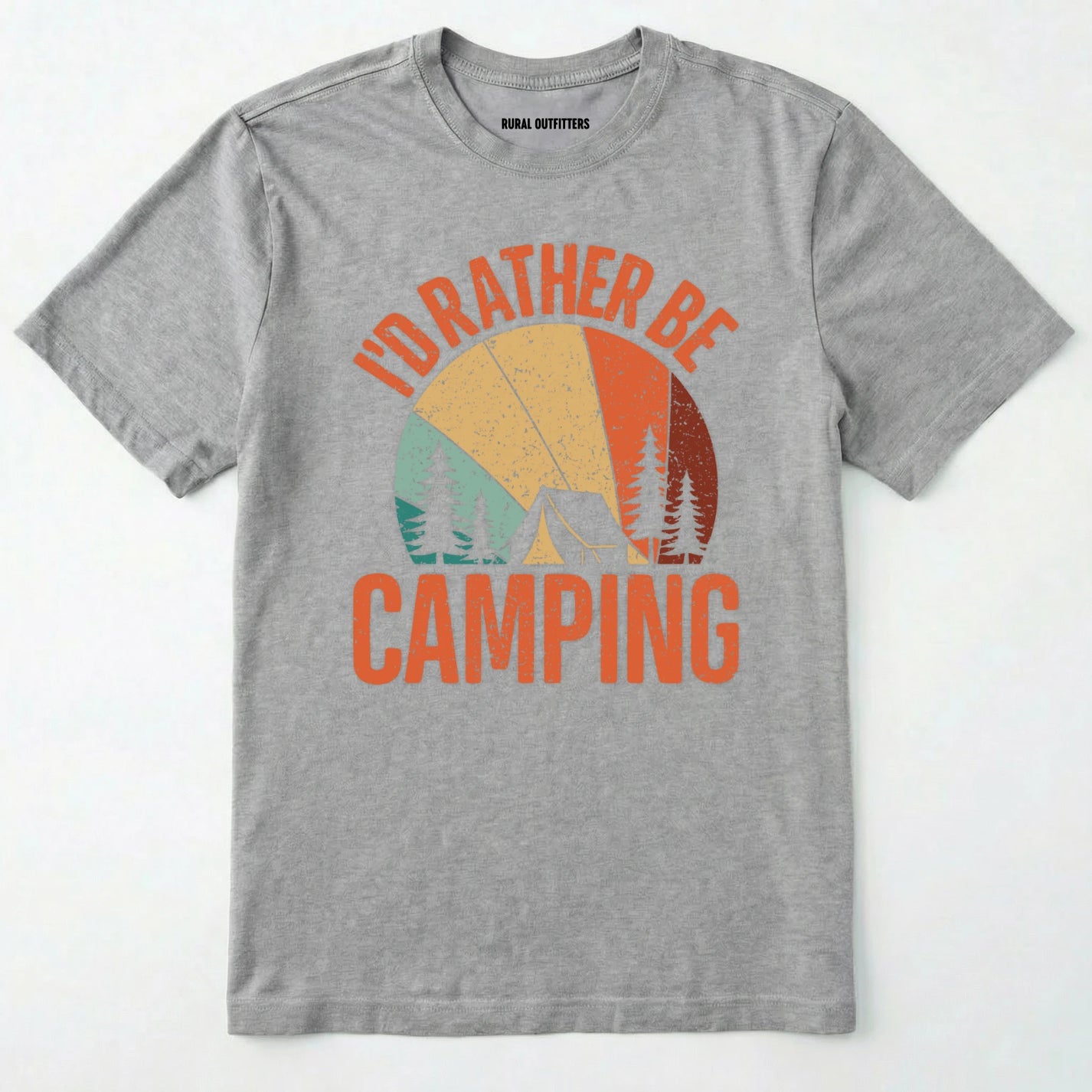 Sport Grey t-shirt with 'i'd rather be camping' graphic design on a white background