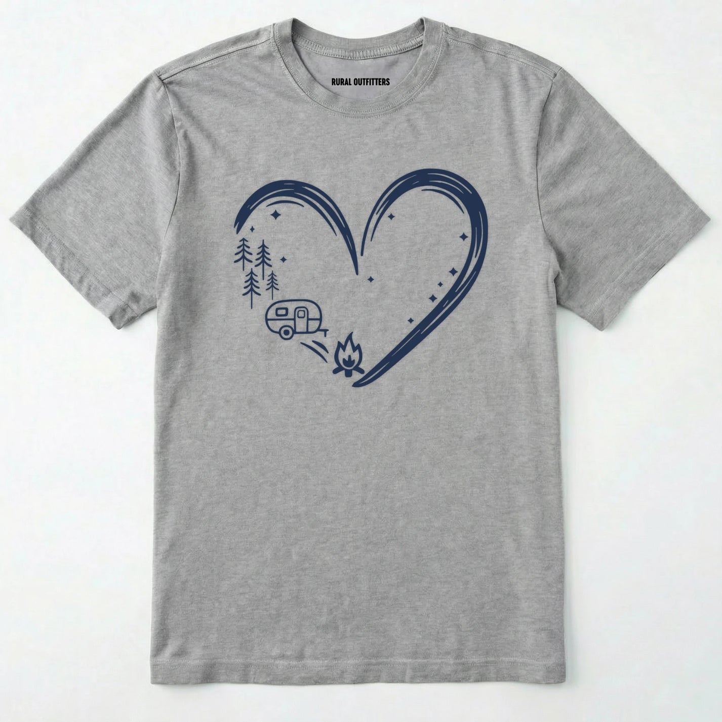 Sport Grey i love camping shirt with a heart-shaped mountain and camper design on a white background.