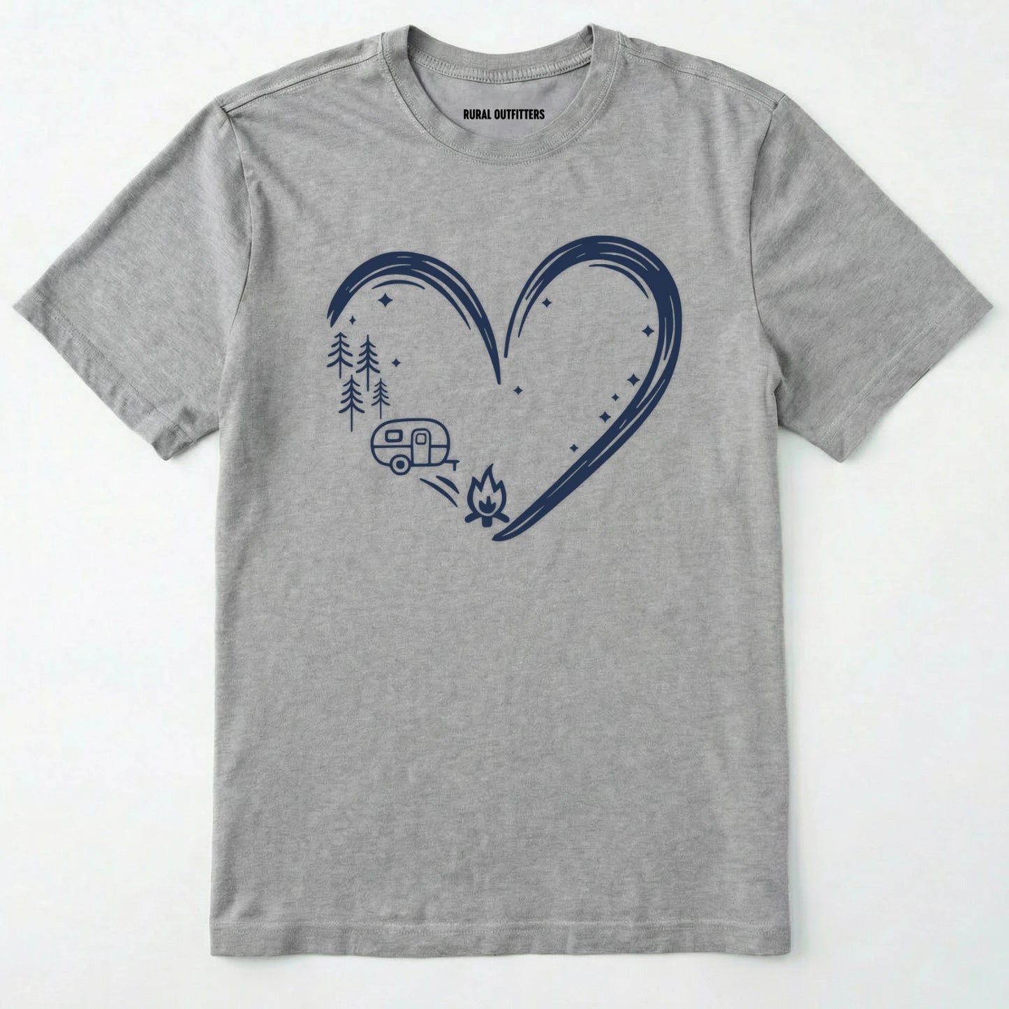 Sport Grey i love camping shirt with a heart-shaped mountain and camper design on a white background.