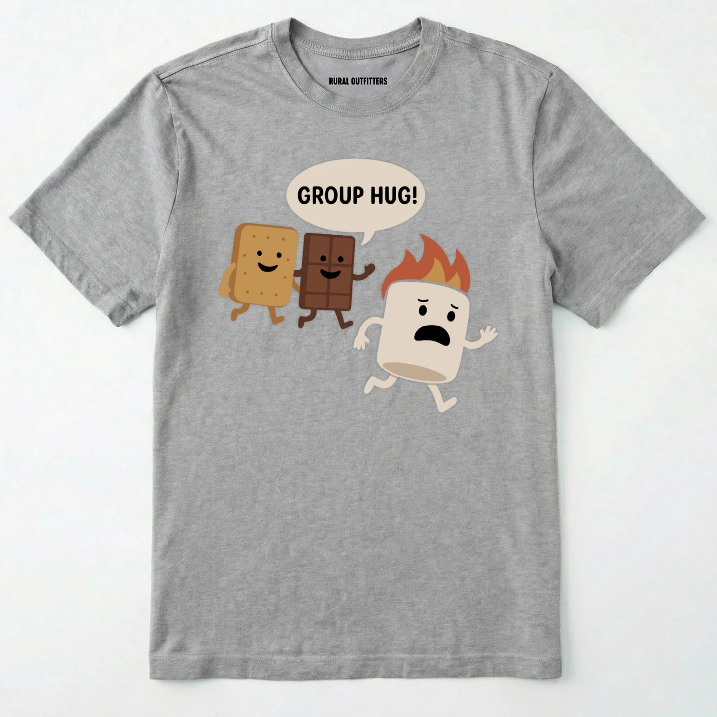 Sport Grey smores shirt with marshmallow chocolate and graham cracker characters with "group hug!" text on a white background.