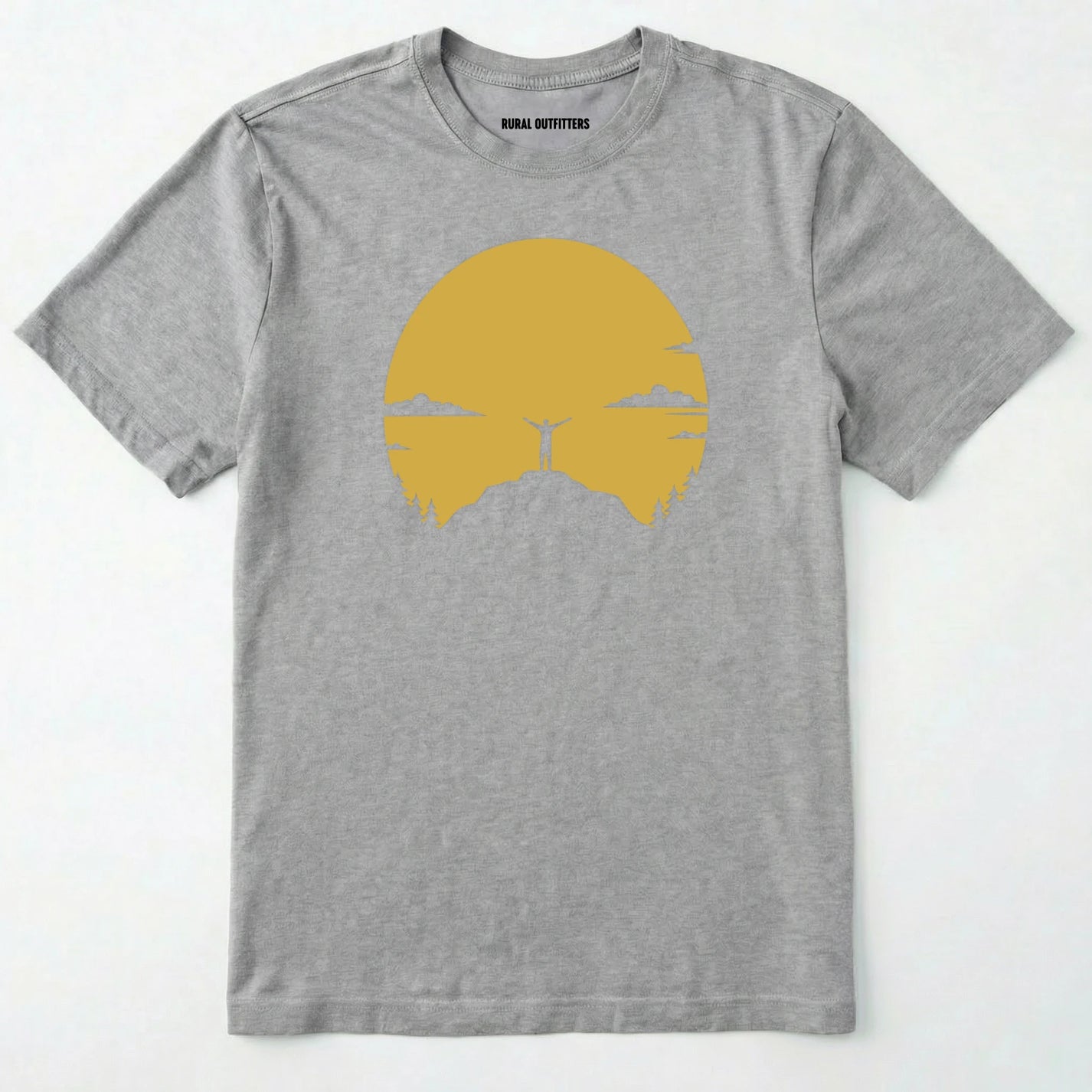 Sport Grey climbing shirt with a yellow sunset and a mountain climber silhouette on a white background.
