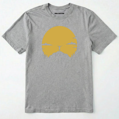 Sport Grey climbing shirt with a yellow sunset and a mountain climber silhouette on a white background.