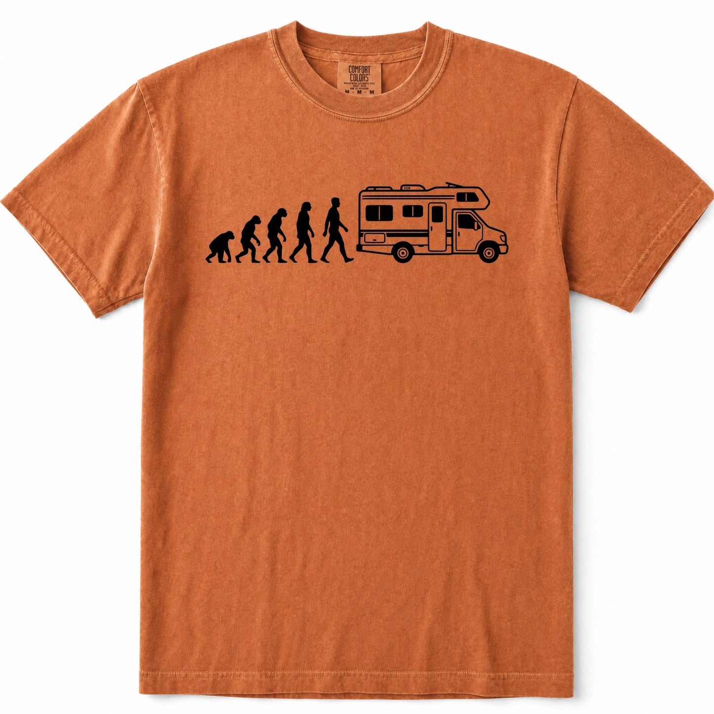 Yam orange crewneck t-shirt featuring a black graphic print of the evolution of man leading up to a walking person next to a camper van, displayed on a clean white background.