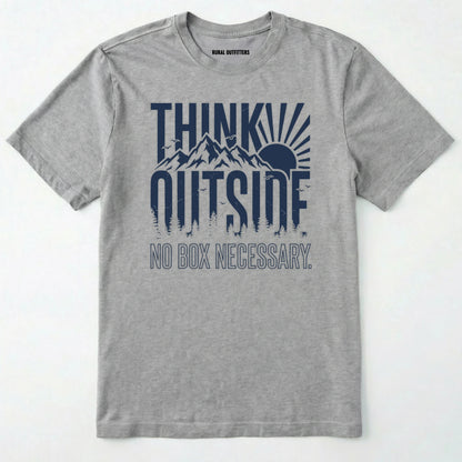 Sport Grey t-shirt with 'think outside, no box necessary' graphic on a white background