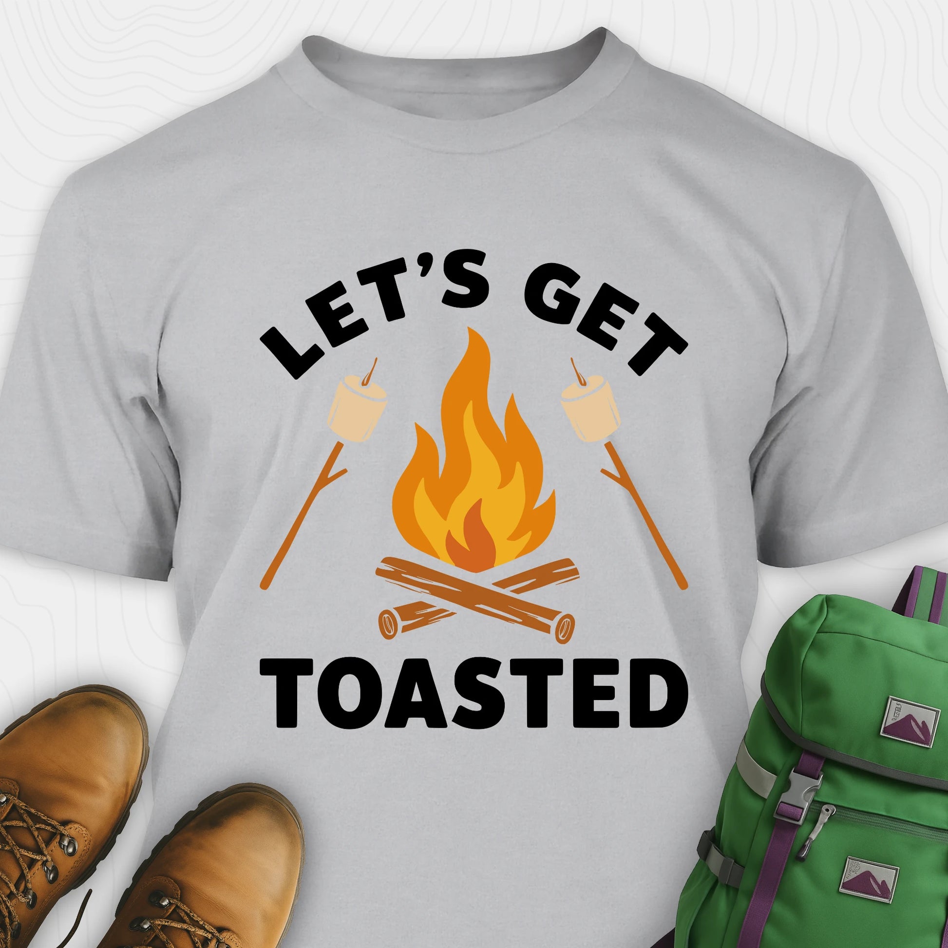 Grey let’s get toasted shirt with campfire and roasting marshmallow graphic