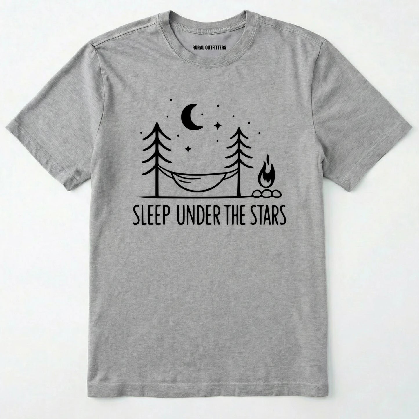 Sport Grey night sky shirt with hammock, moon, stars and campfire design on a white background.
