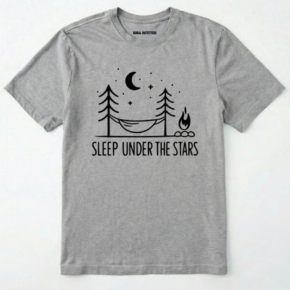 Sport Grey night sky shirt with hammock, moon, stars and campfire design on a white background.