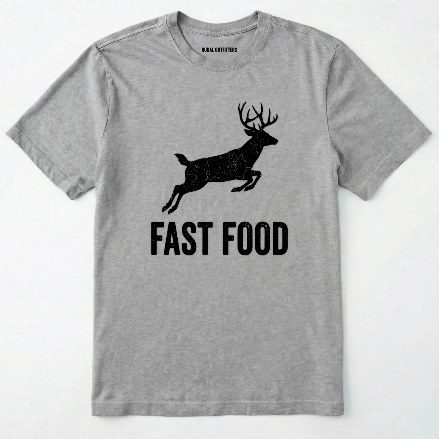 Sport Grey t-shirt with black deer graphic and 'fast food' text on a white background