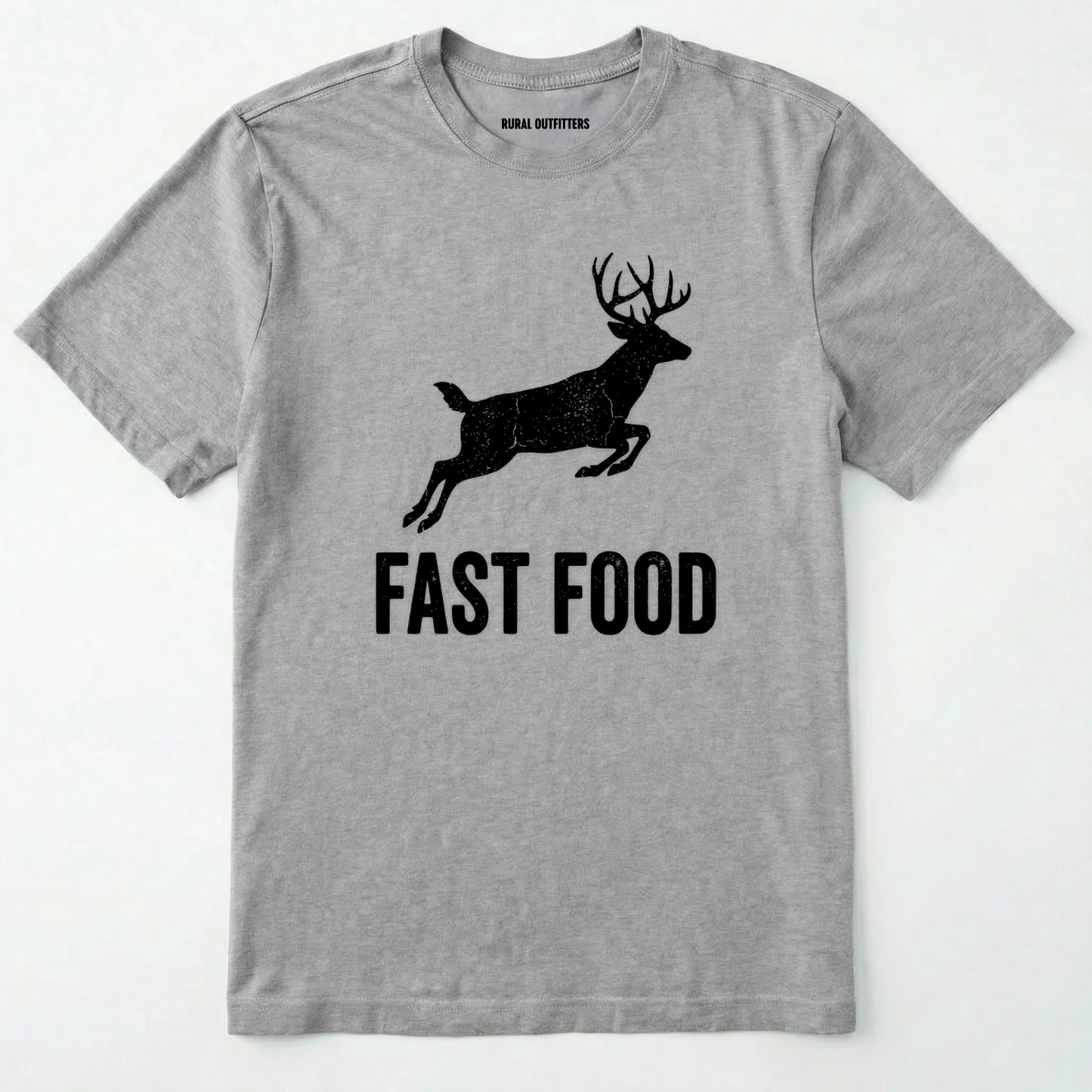Sport Grey t-shirt with black deer graphic and 'fast food' text on a white background