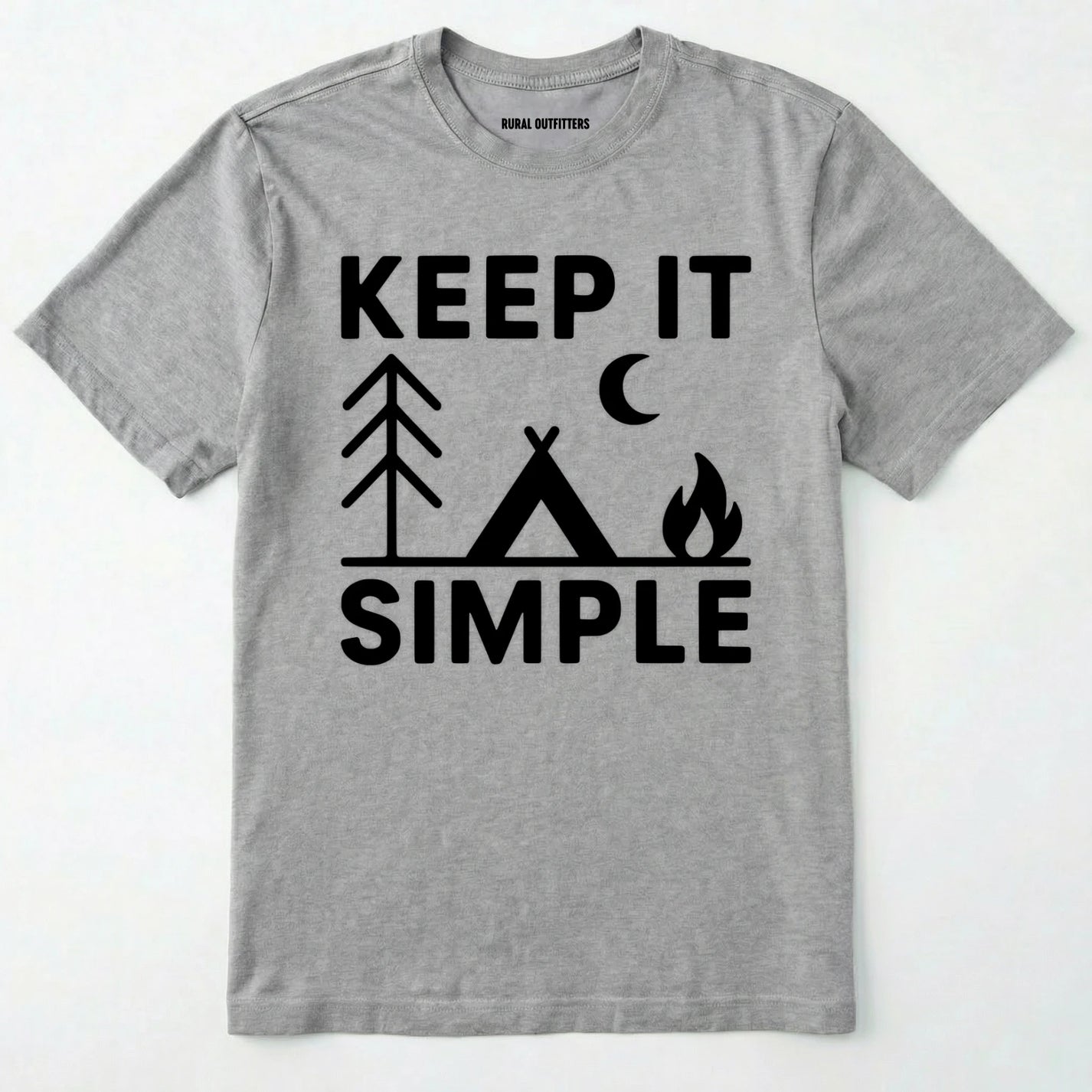 Sport Grey keep it simple camping t-shirt with tent and campfire graphic on a white background
