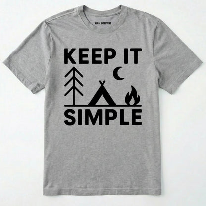 Sport Grey keep it simple camping t-shirt with tent and campfire graphic on a white background