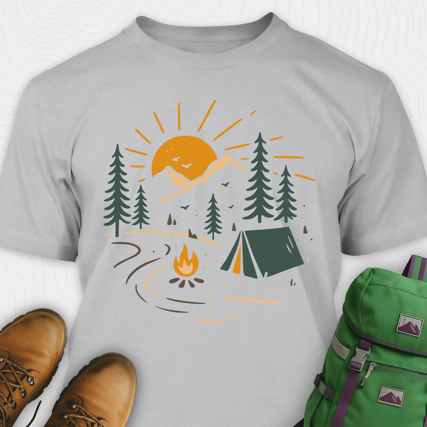 Gray wilderness explorer shirt with sunset campfire scene with tent, trees, and mountains design