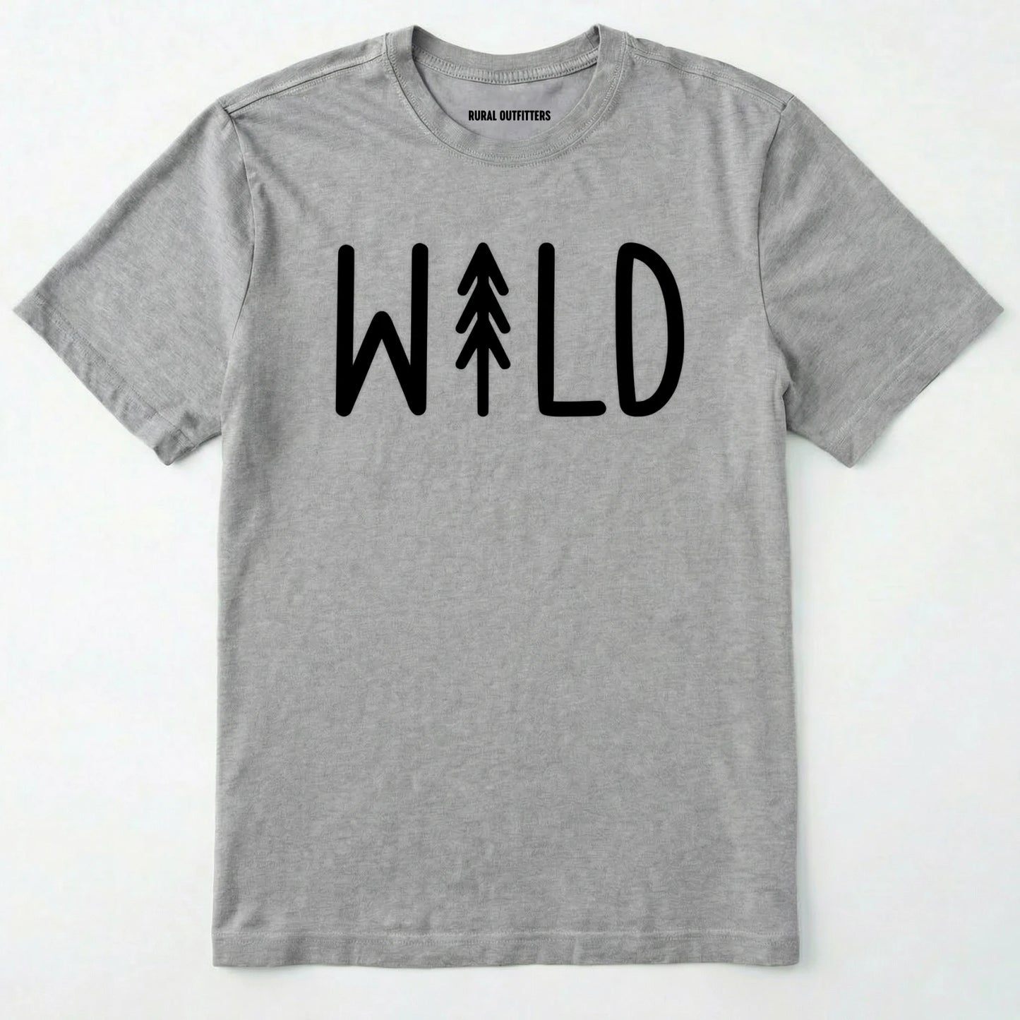 Sport Grey t-shirt with 'wild' and tree graphic on a white background
