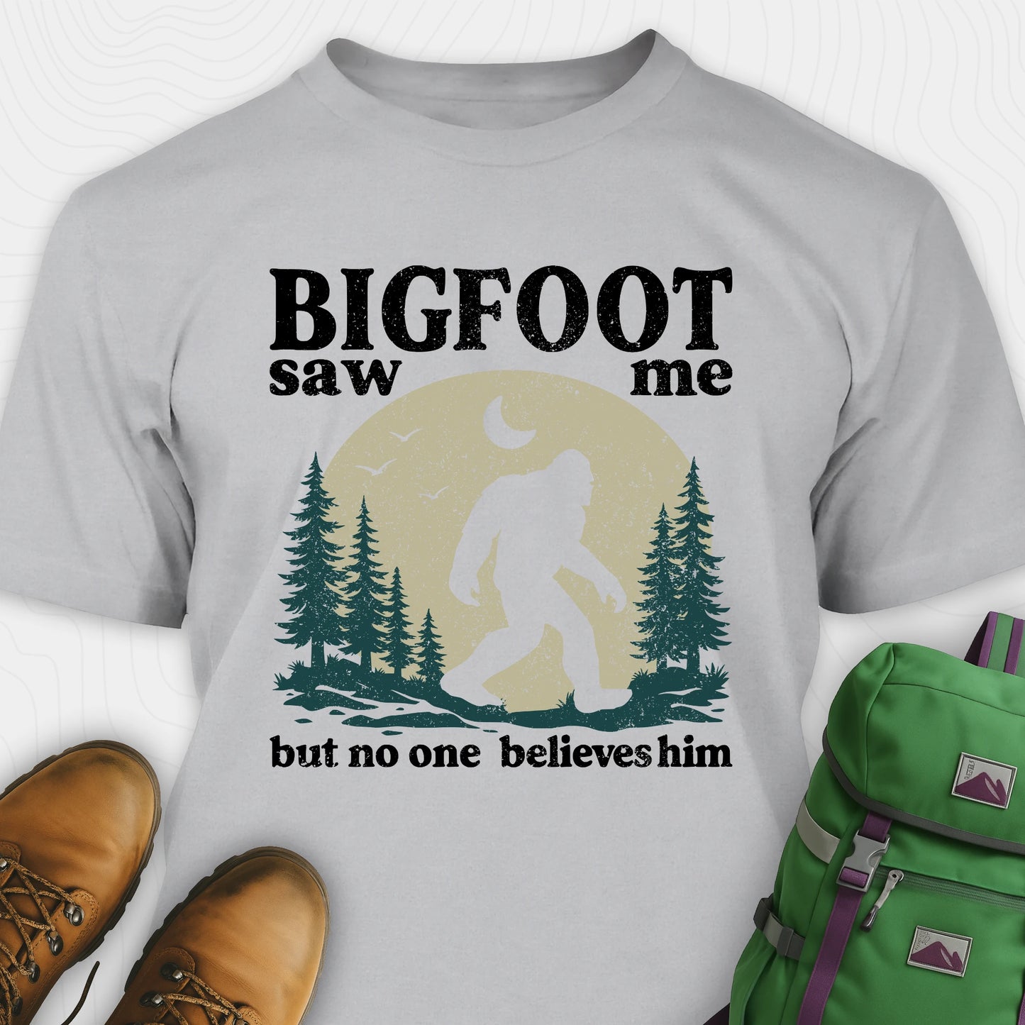 Grey bigfoot saw me shirt with vintage outdoor sasquatch graphic