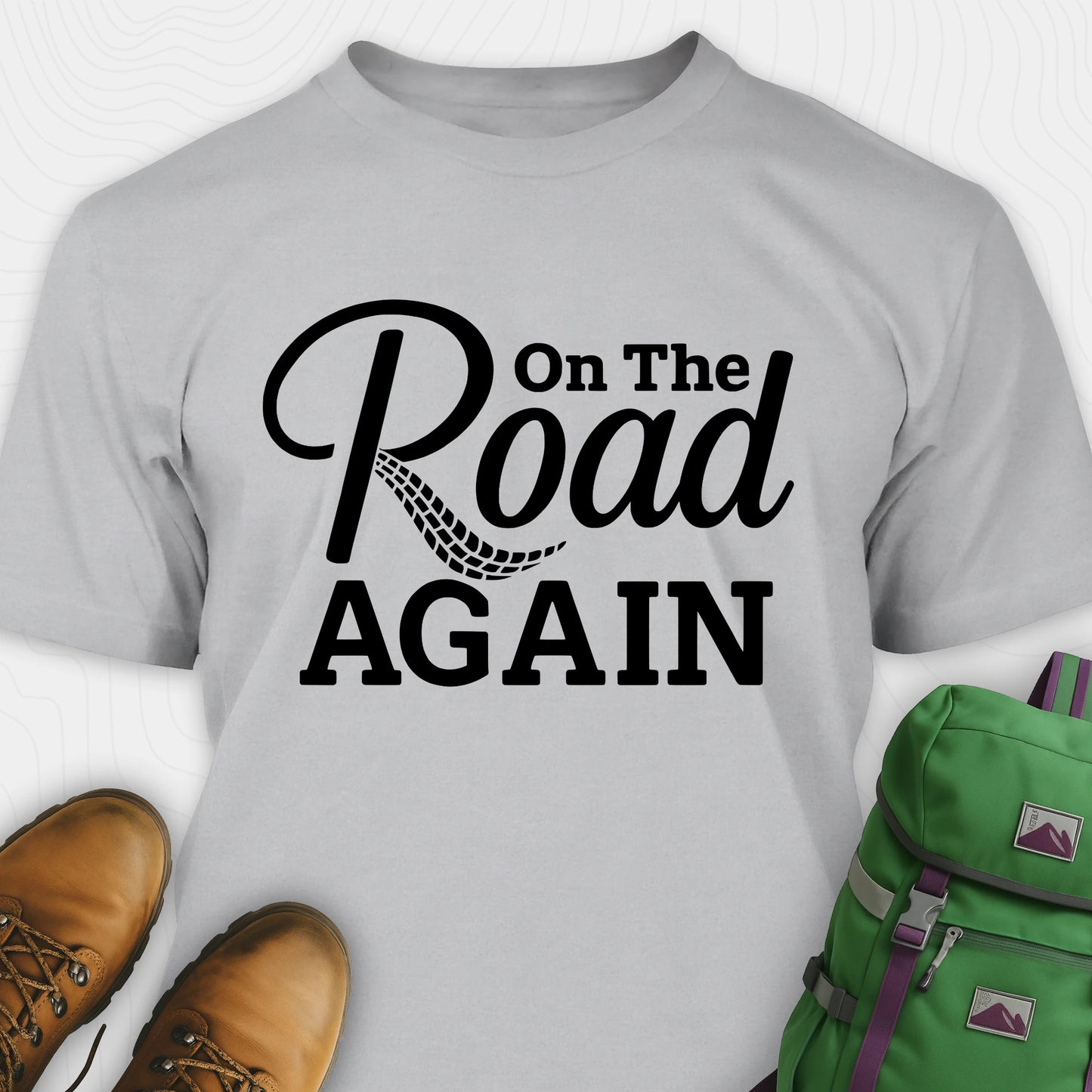 Grey road trip t-shirt with “on the road again” black text