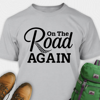 Grey road trip t-shirt with “on the road again” black text