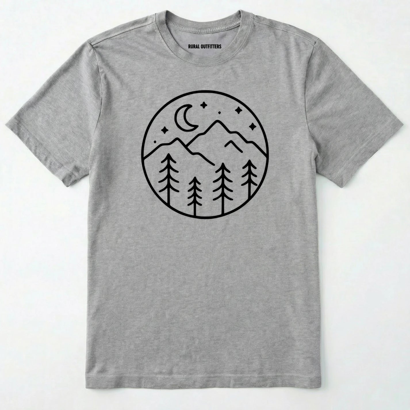 Sport Grey moon and stars shirt with minimalist mountain and forest design on a white background.