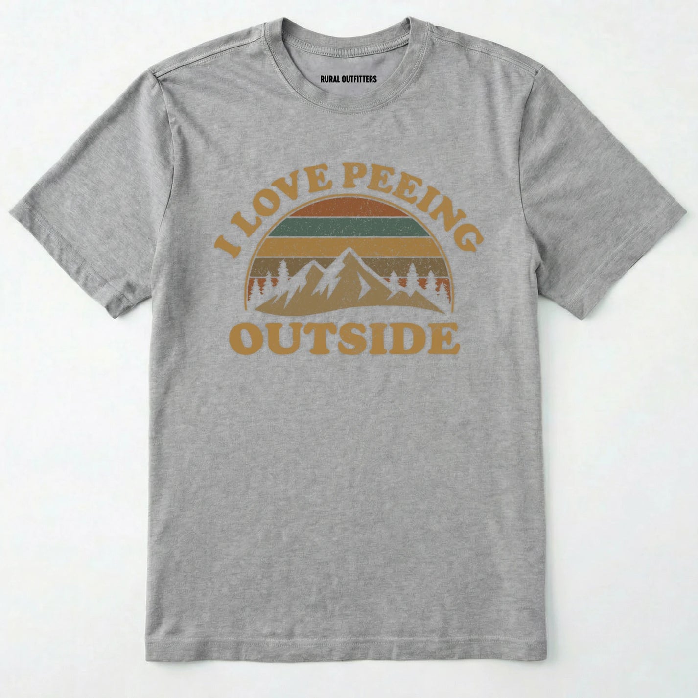 Sport Grey i love peeing outside shirt with a retro mountain graphic on a white background.
