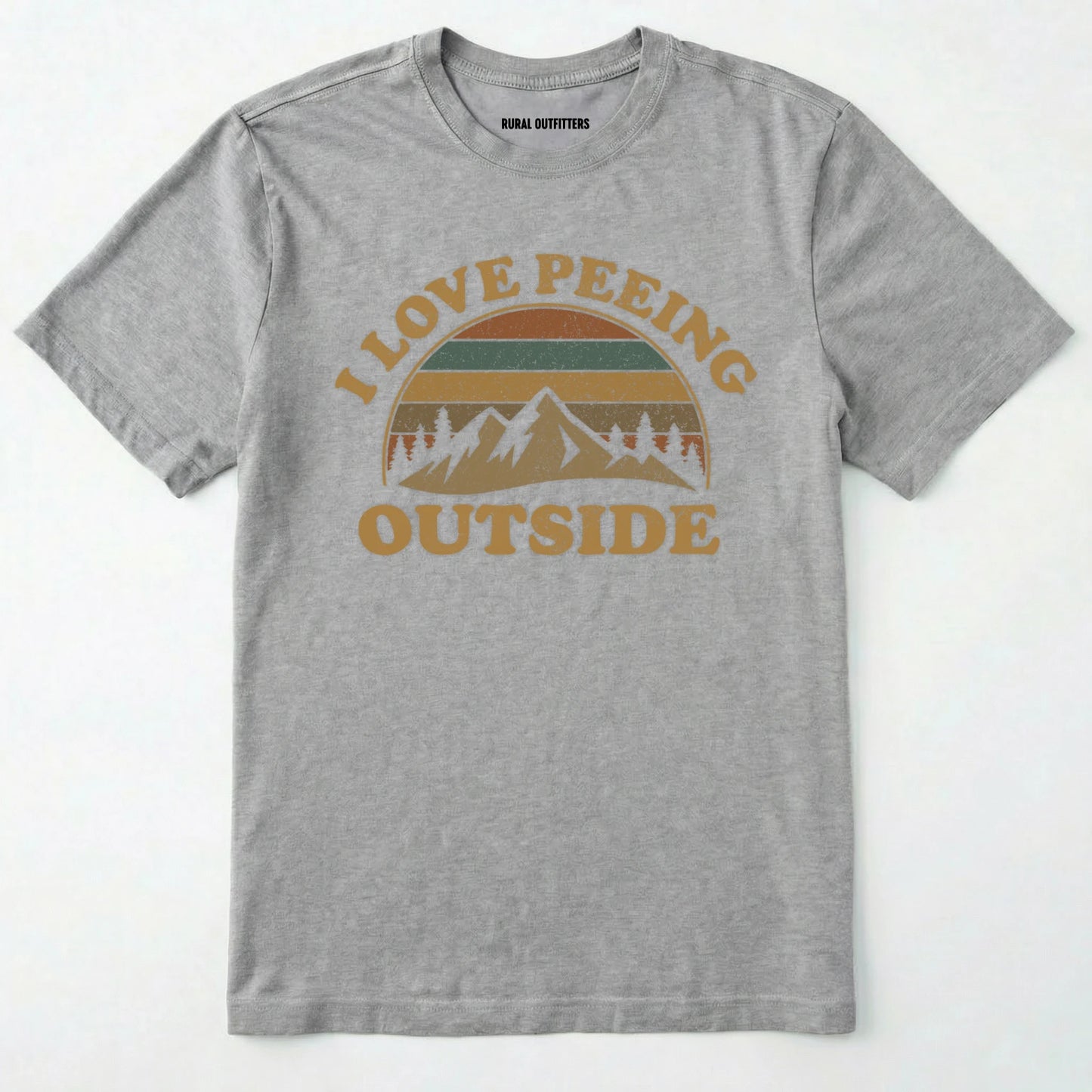Sport Grey i love peeing outside shirt with a retro mountain graphic on a white background.