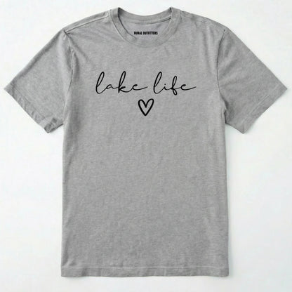 Sport Grey lake life shirt with 'lake life' text and heart graphic.