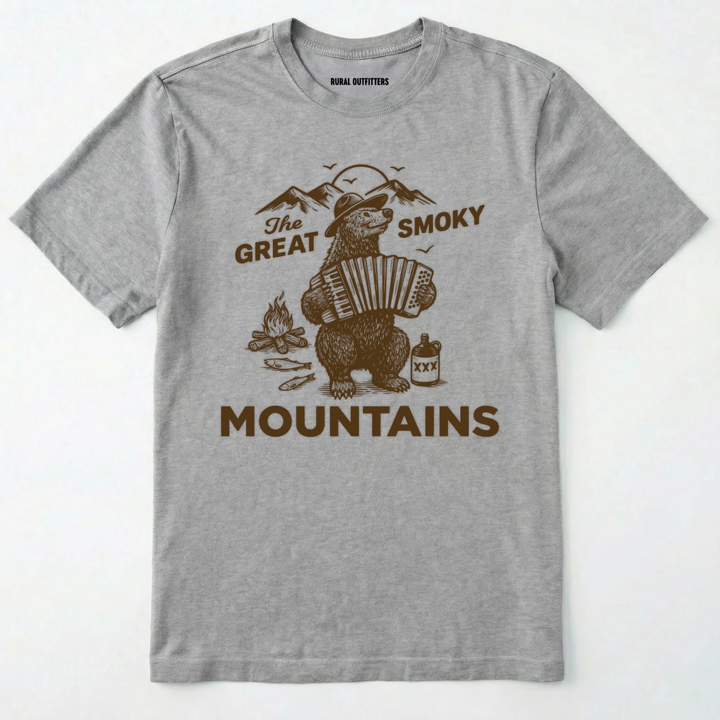 Sport Grey the great smoky mountains t-shirt with smoky the bear playing the accordion graphic and text.
