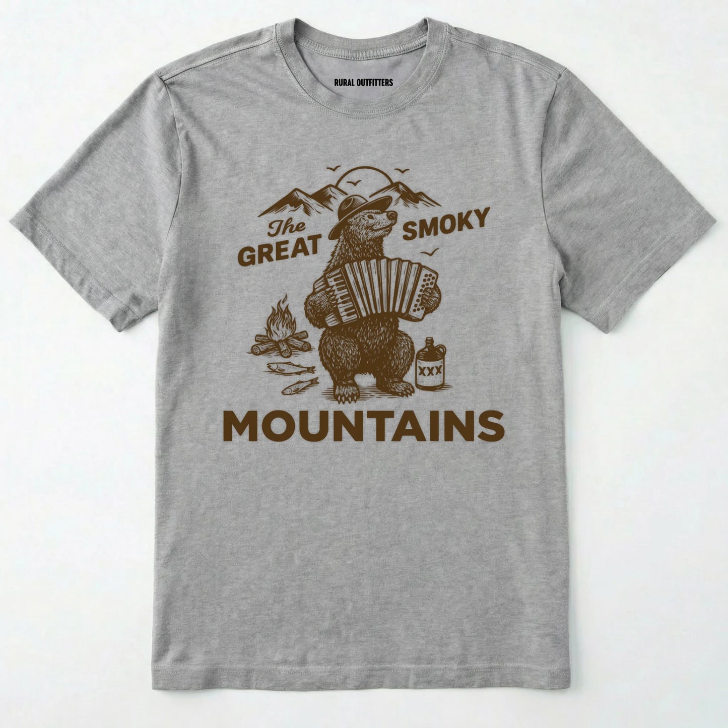 Sport Grey the great smoky mountains t-shirt with smoky the bear playing the accordion graphic and text.