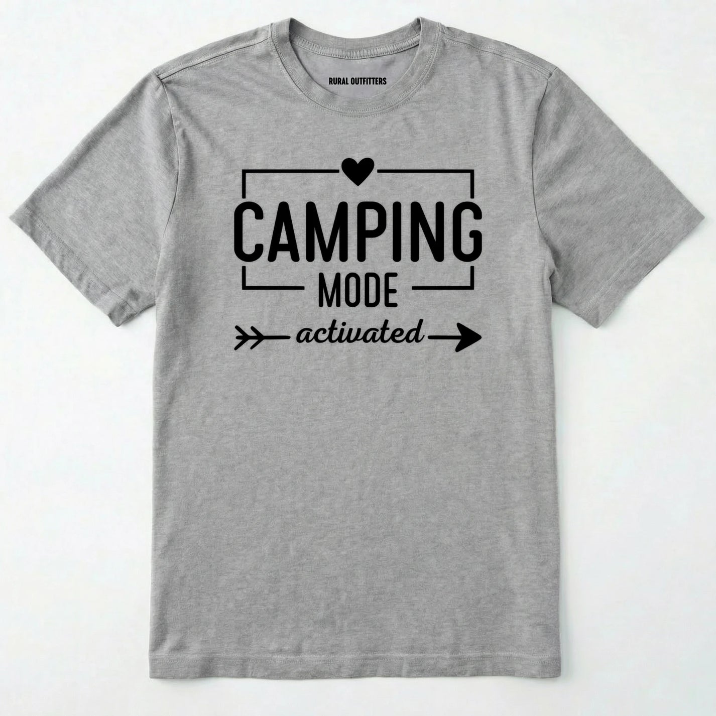 Sport Grey camping mode activated shirt with heart and arrow design on a white background.