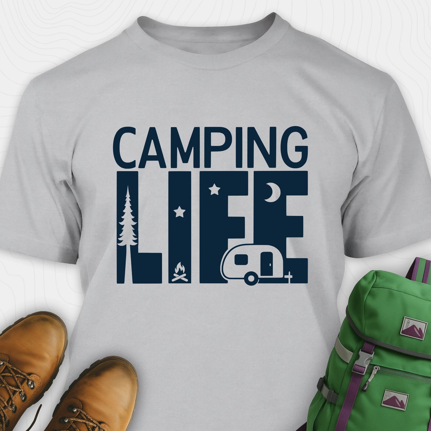 Grey camp life shirt featuring camper and pine tree design