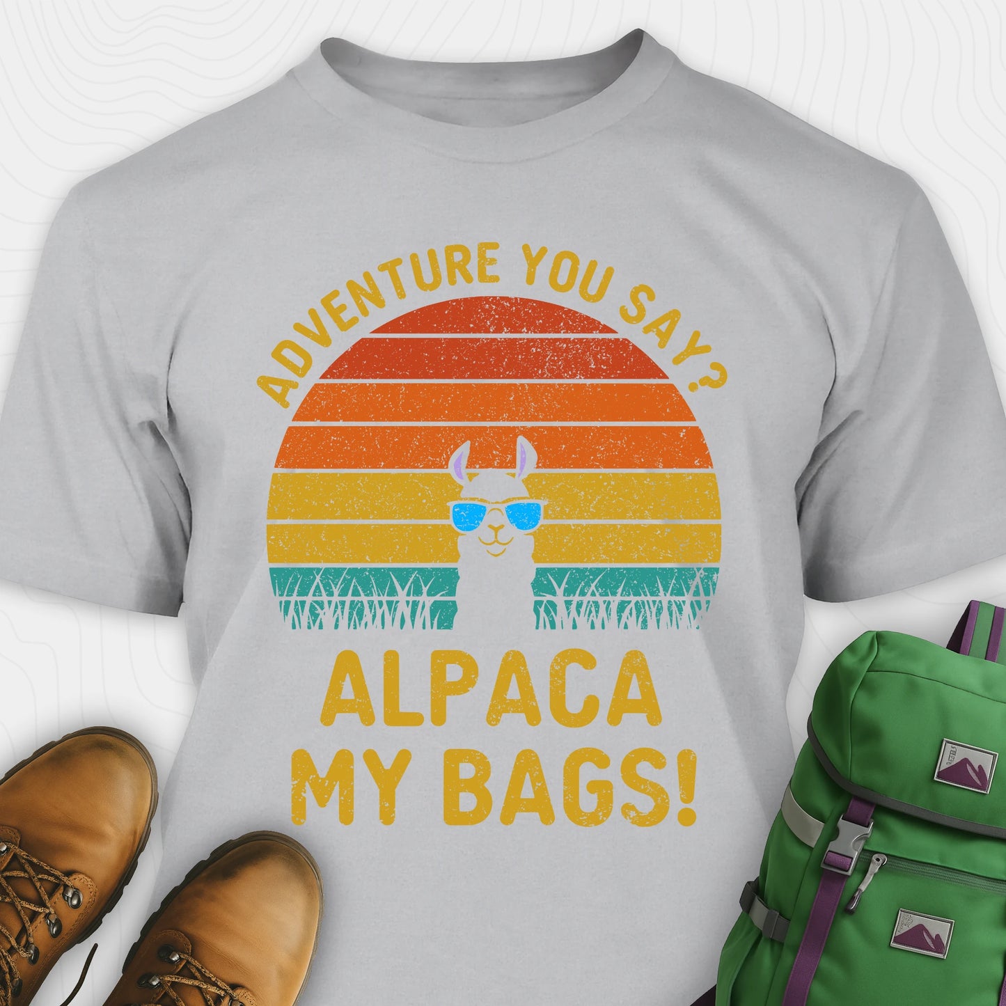 Grey alpaca my bags shirt with retro sunset and llama graphic