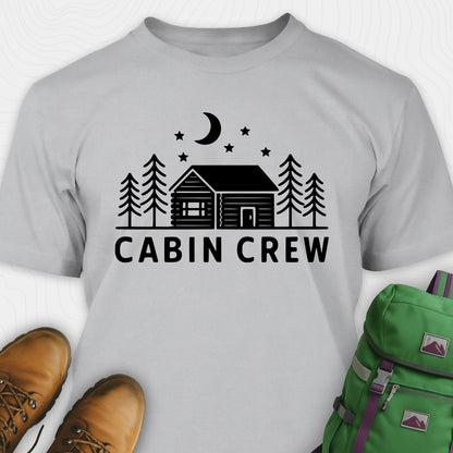 Gray cabin crew t-shirt with moon, pine trees and cabin design