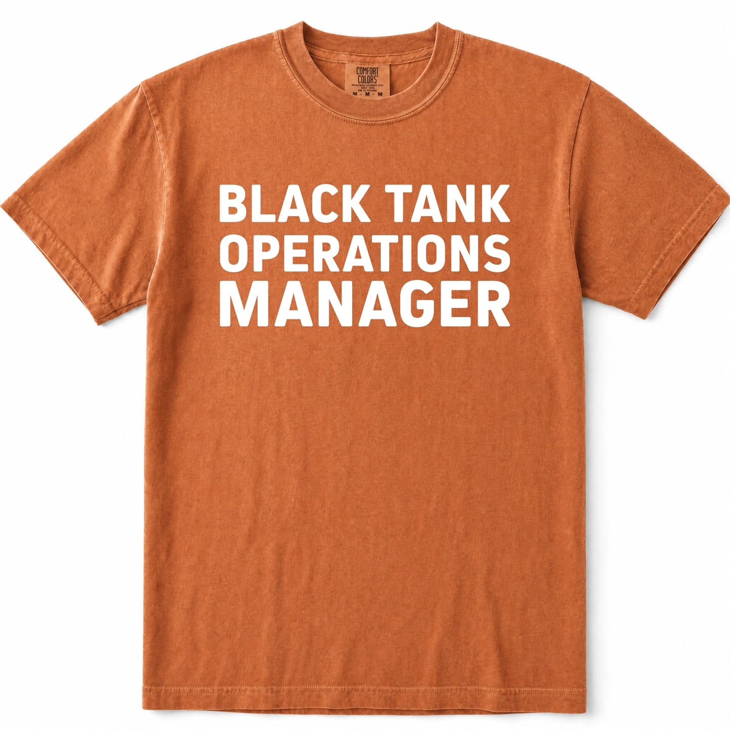 Yam short-sleeve crewneck t-shirt in a washed orange-brown color, featuring the text 'BLACK TANK OPERATIONS MANAGER' printed in bold white capital letters across the chest.