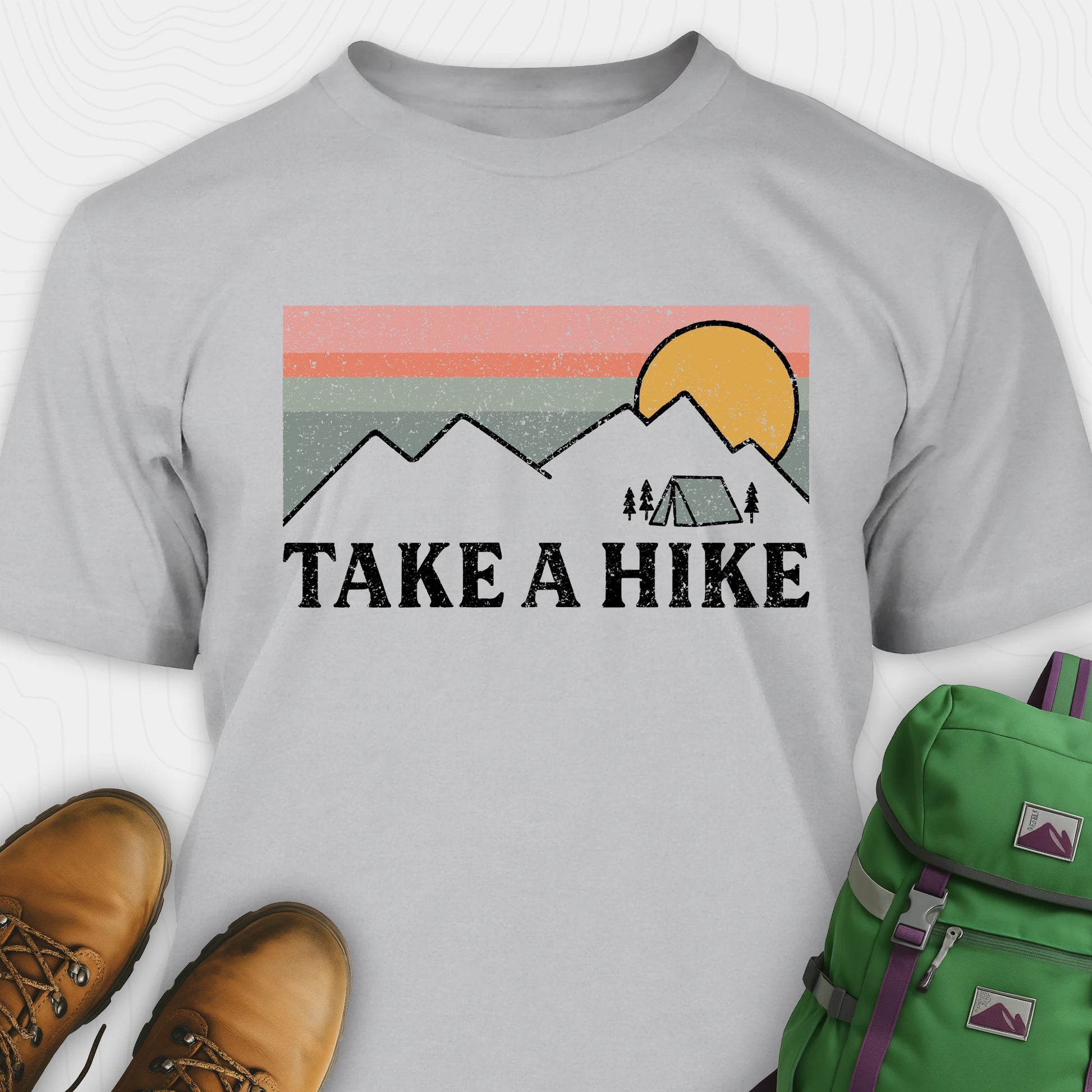 Grey take a hike shirt with retro sunset and mountain graphic