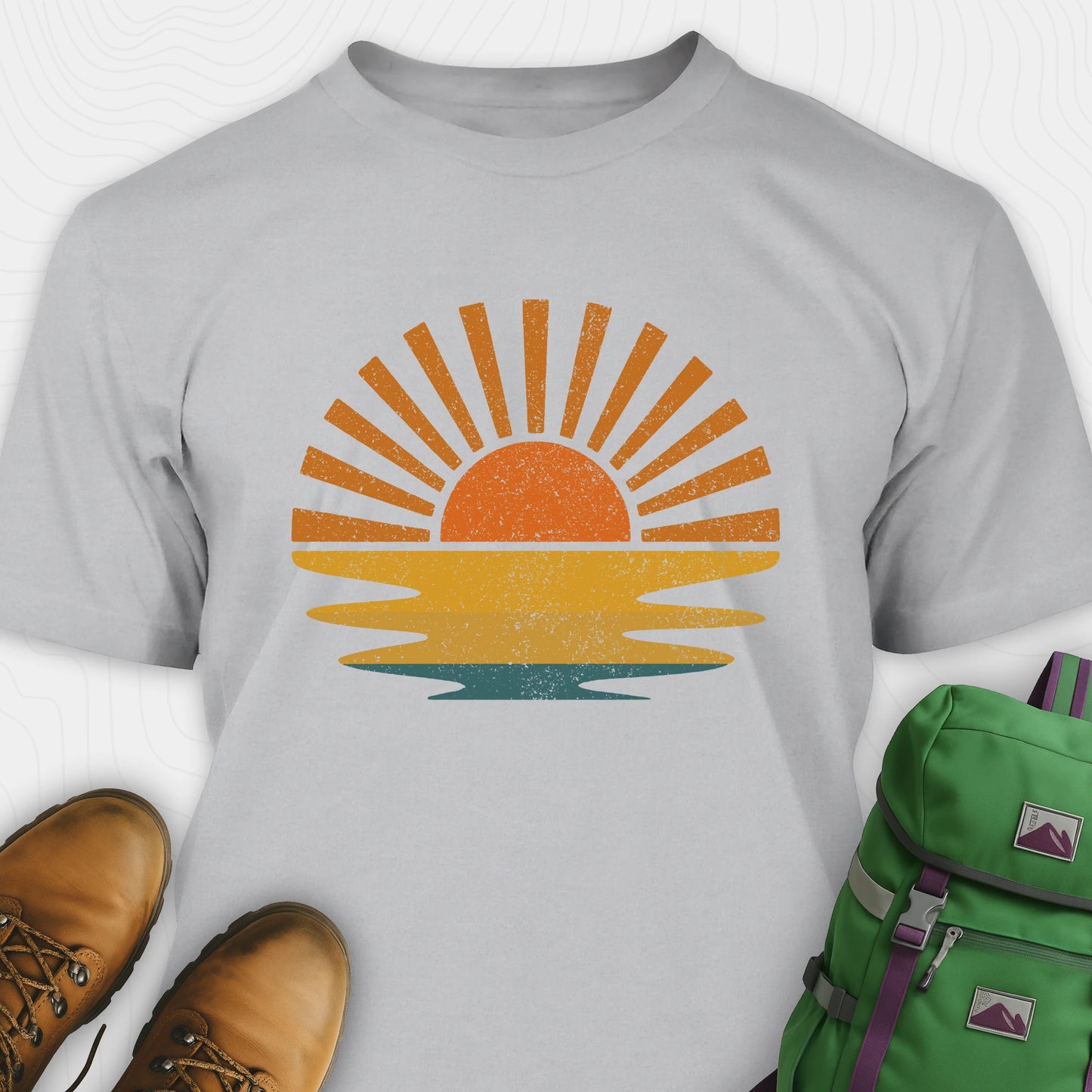 Grey sunset shirt with retro distressed sunrise graphic