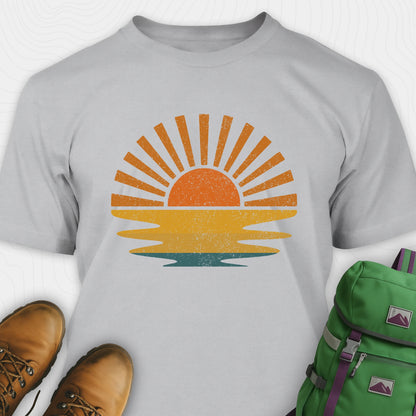 Grey sunset shirt with retro distressed sunrise graphic