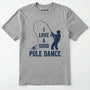 Sport Grey t-shirt with a graphic of a person fishing and text 'i love a good pole dance' on a white background.