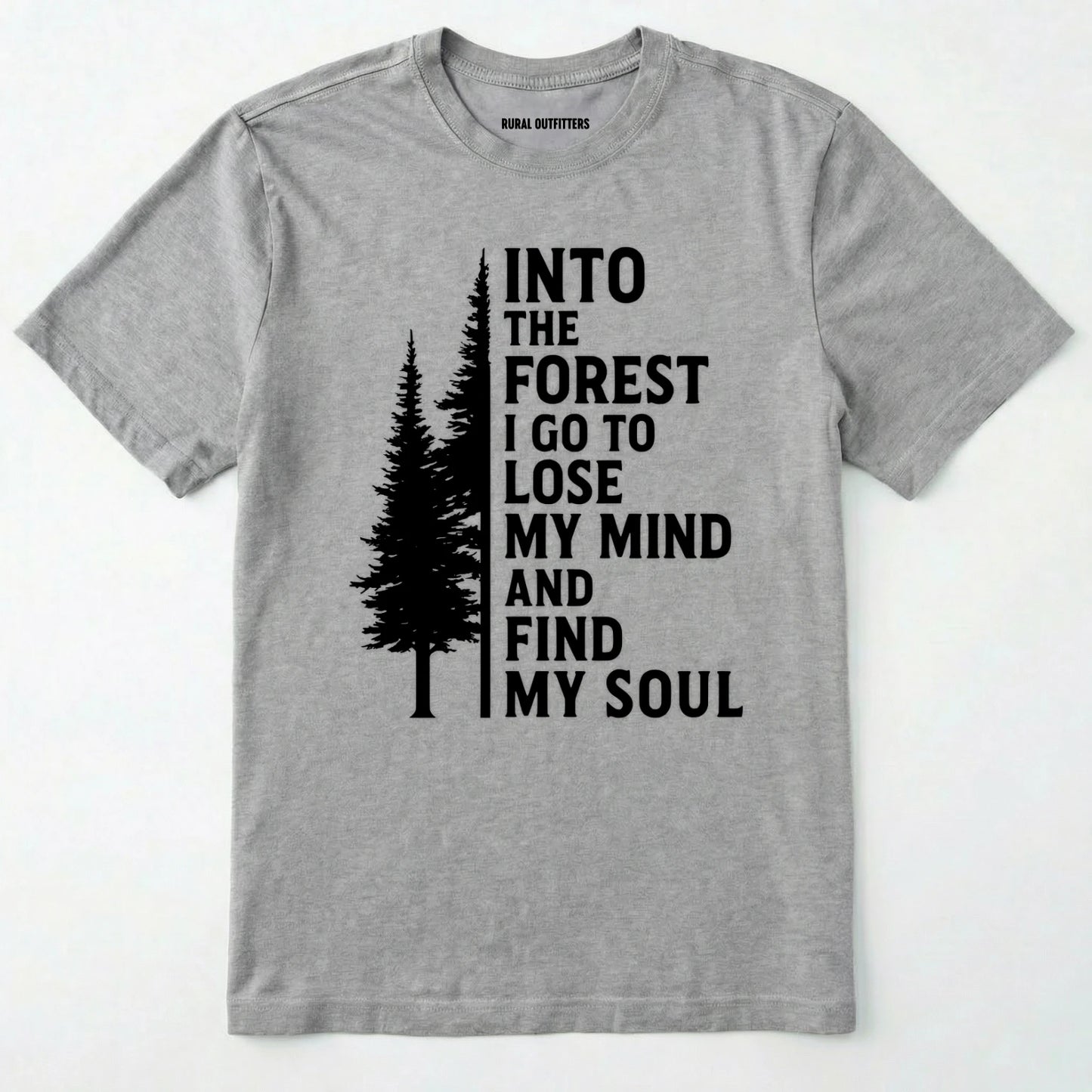 Sport Grey into the forest i go t-shirt with white forest graphic and tall trees design on a white background.