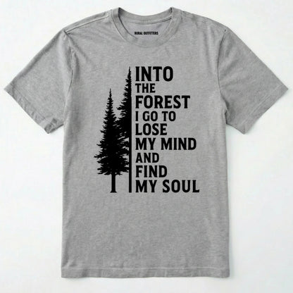 Sport Grey into the forest i go t-shirt with white forest graphic and tall trees design on a white background.