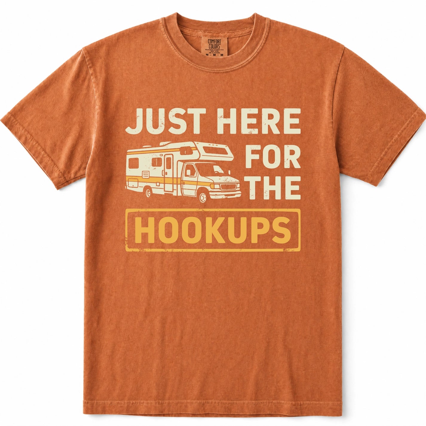 Yam crewneck t-shirt featuring a vintage-style graphic print of an RV and the text 'JUST HERE FOR THE HOOKUPS' in cream and yellow.